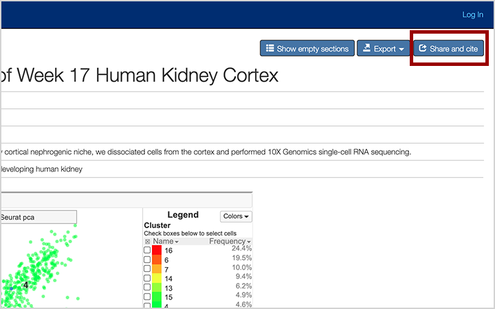 Screenshot of page with the Share & Cite button